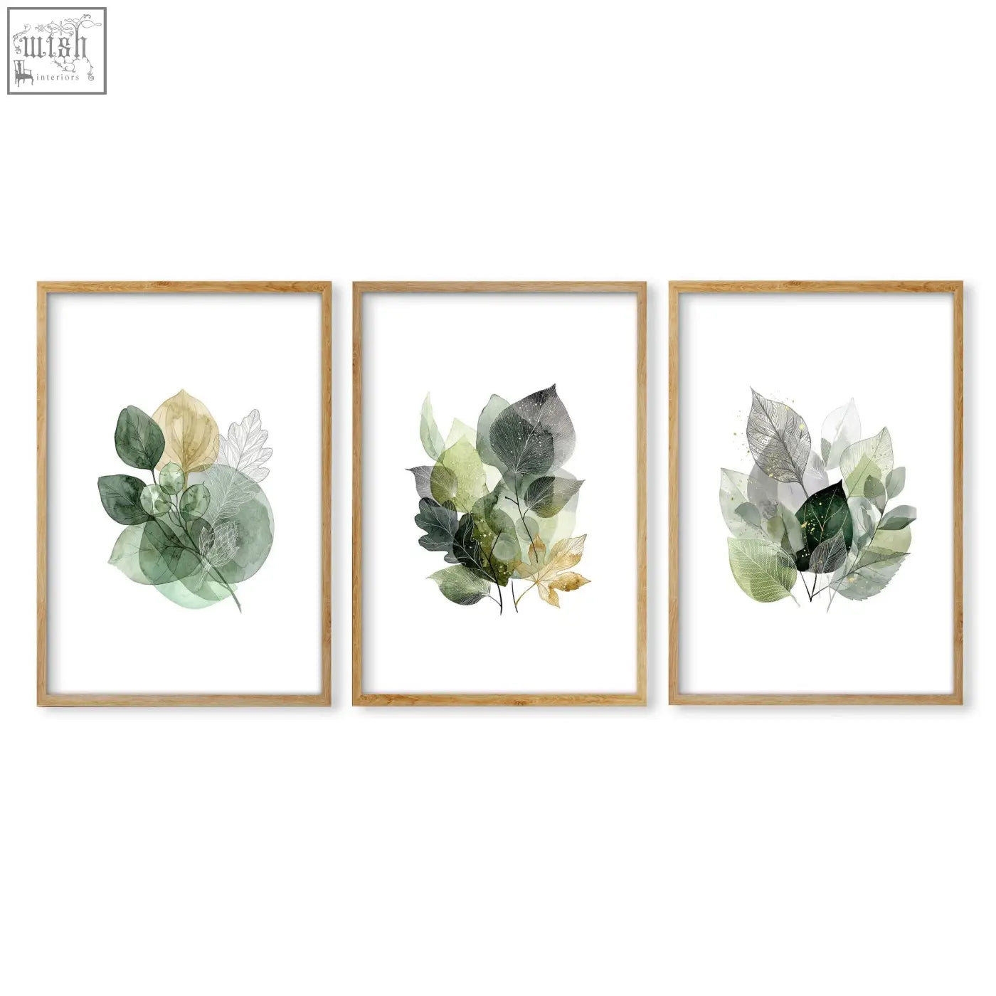 Set of 3 framed botanical watercolor wall art prints with green gold and gray leaves in light wood frames for home office