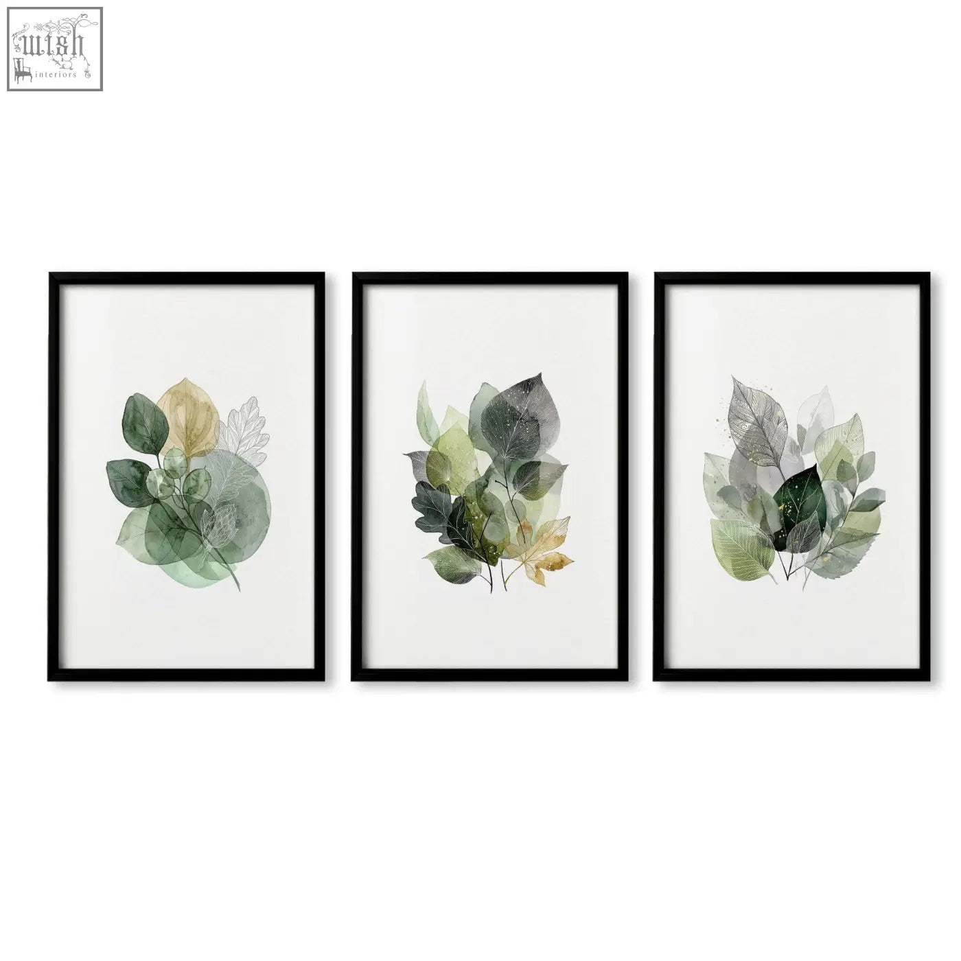 Set of three framed botanical wall art prints with watercolor green and gold leaves perfect for home office decor