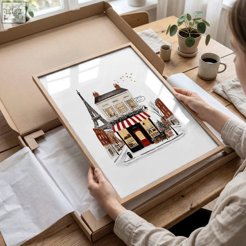 A framed painting for kitchen wall art showing parisian street scenes with the eiffel tower and a red striped awning pour toujours