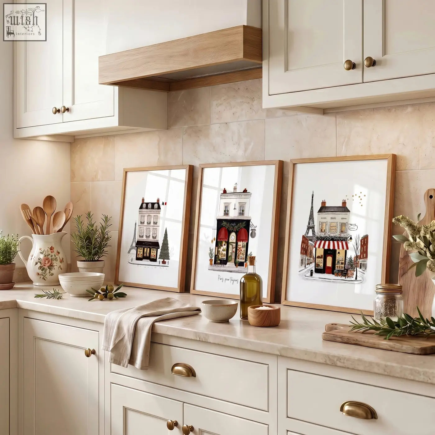 Three framed parisian street scenes wall art featuring the eiffel tower in light wood frames for kitchen pour toujours