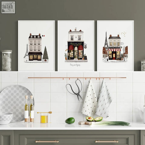 Three parisian-themed watercolor street scenes wall art with red awnings and eiffel tower in pour toujours set of 3