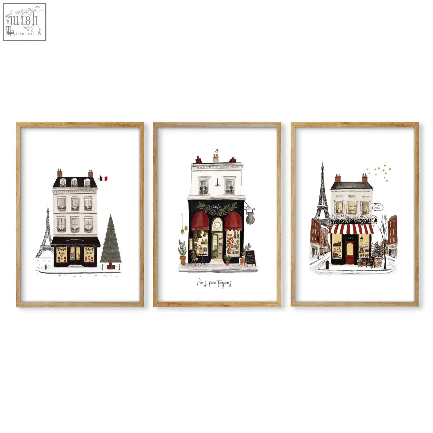 Set of three framed parisian street scenes wall art in light wood frames for kitchen with pour toujours theme