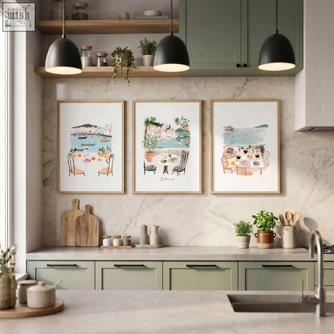 Three framed watercolor paintings for kitchen walls featuring mediterranean coastal dining scenes dolce vita style