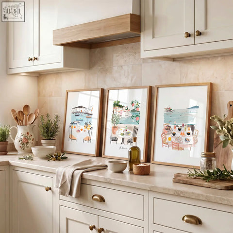 Three framed paintings for kitchen walls featuring mediterranean coastal dining scenes with tables and chairs dolce vita
