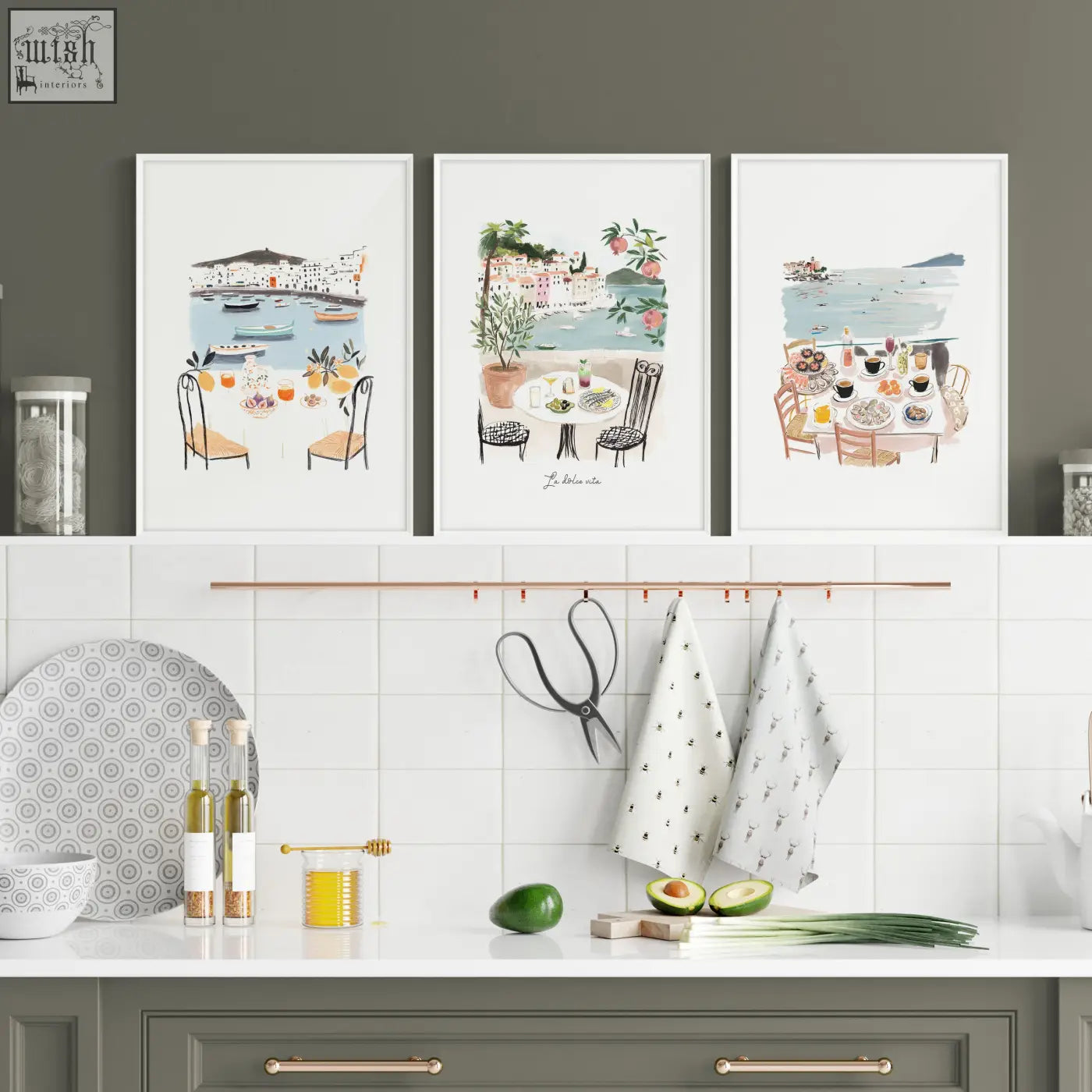 Three framed paintings for kitchen walls showing mediterranean coastal dining scenes inspired by la dolce vita