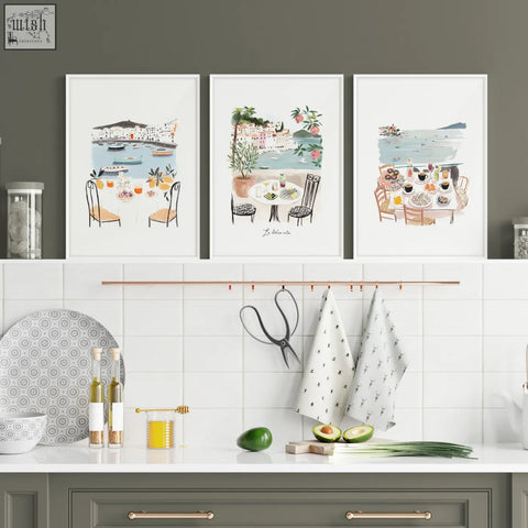 Three framed paintings for kitchen walls showing mediterranean coastal dining scenes inspired by la dolce vita