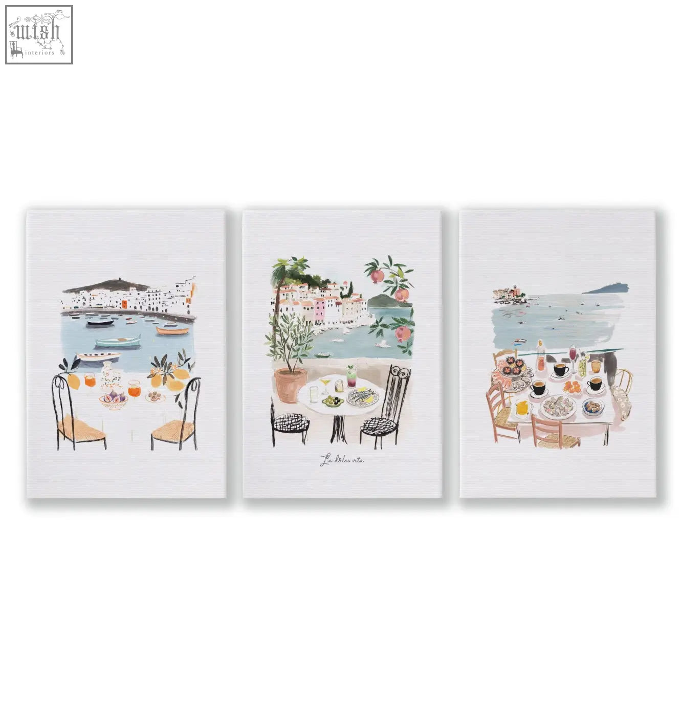 Set of three watercolor canvas prints for kitchen walls showing mediterranean coastal dining scenes la dolce vita style