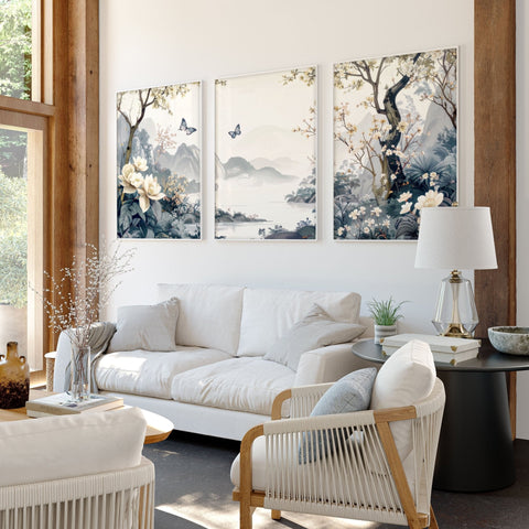 Paintings For Living Room | Set of 3 Chinoiserie Wall art Prints