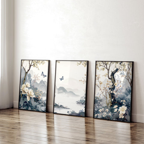 Paintings For Living Room | Set of 3 Chinoiserie Wall art Prints