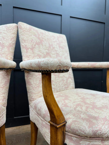 A pair of vintage pink upholstered bedroom armchairs with mahogany frames light wear and 44cm seat width