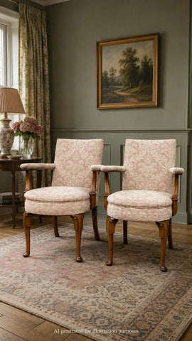 Pair antique pink upholstered bedroom armchairs with light beige damask fabric polished wooden legs 44cm seat light wear