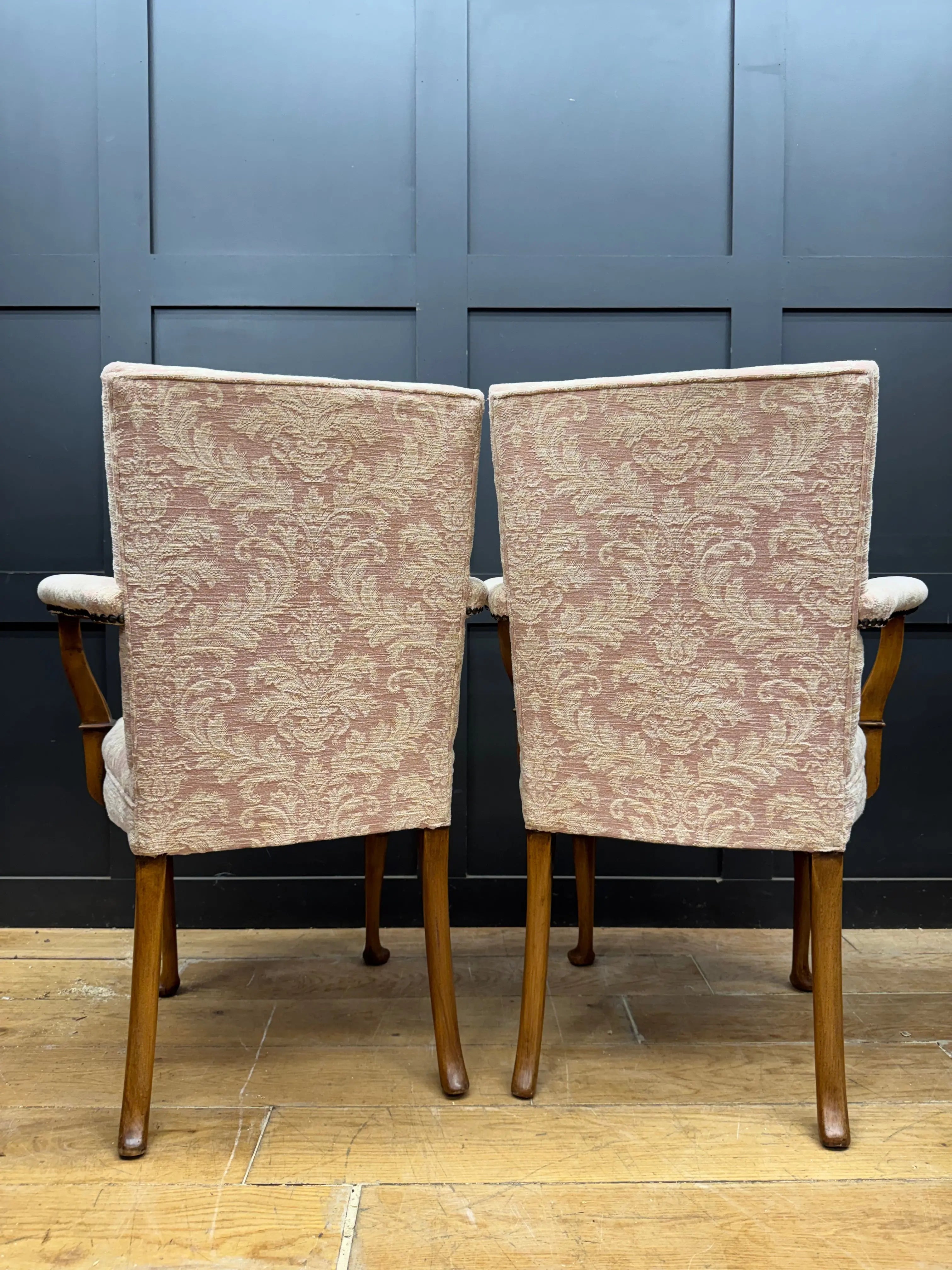 Pair antique pink upholstered bedroom armchairs with beige damask fabric polished wooden legs and 44cm seat with light wear