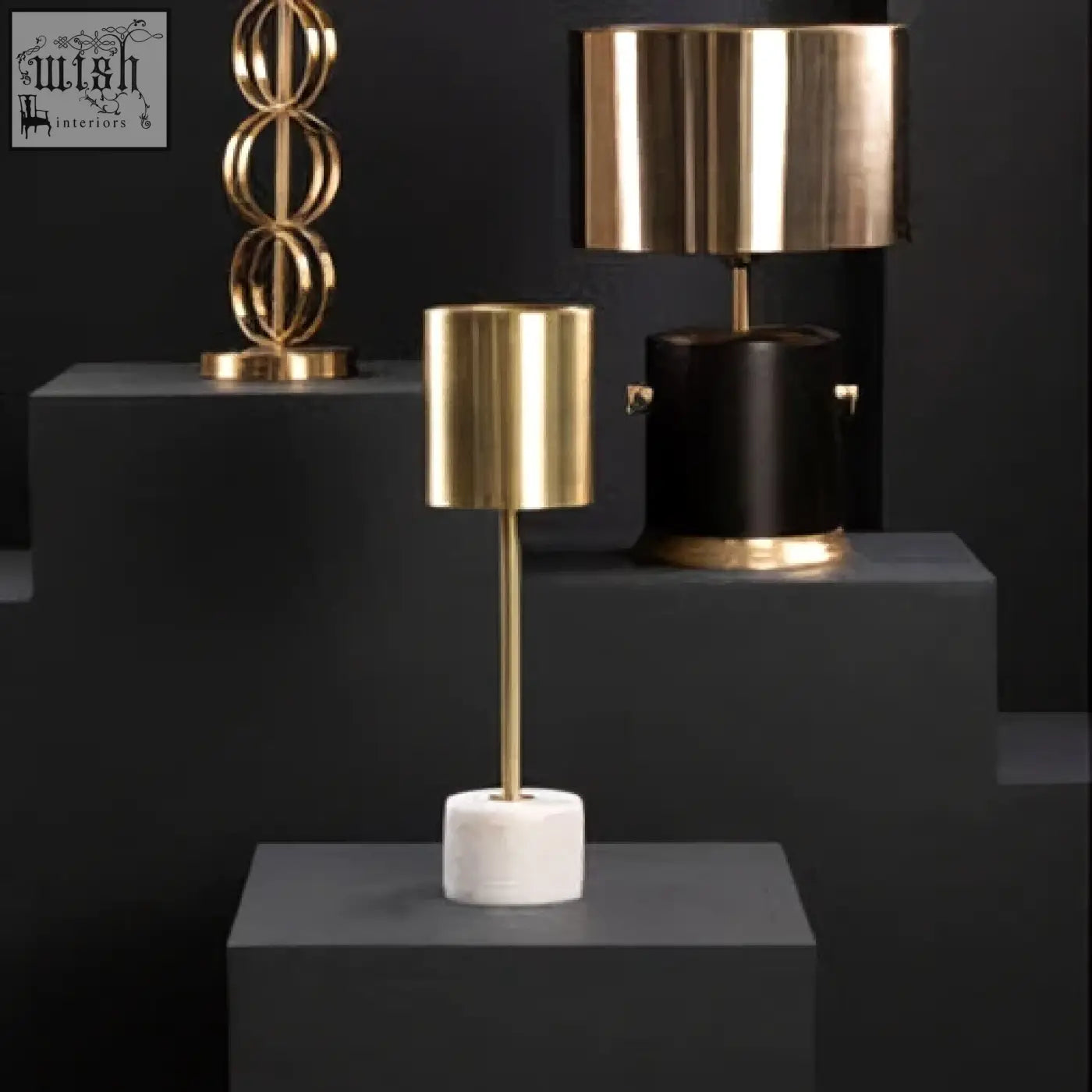 Palais table lamp with gold-toned cylinder and white marble base perfect for elegant lighting decor