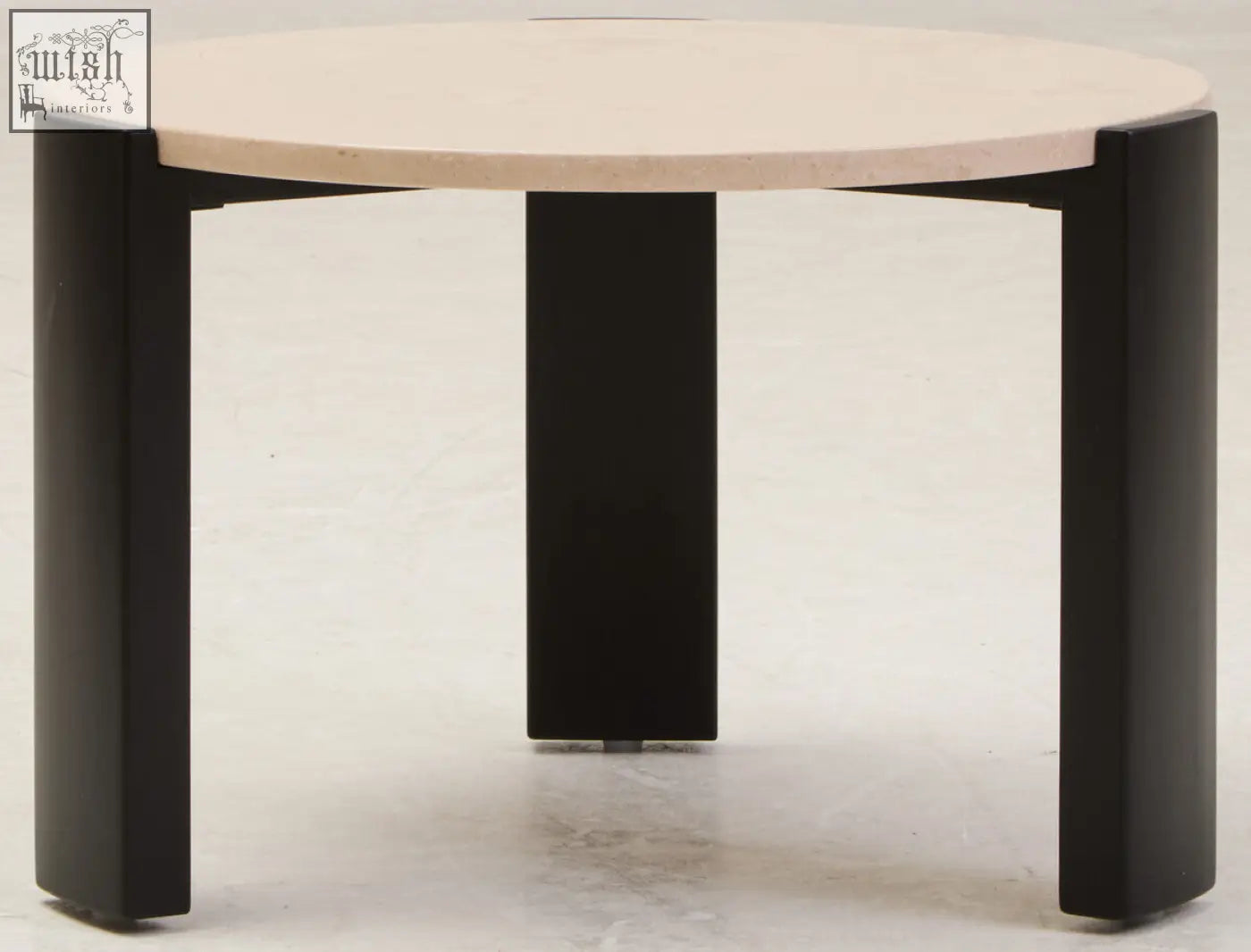 Minimalist palermo round cream marble top small coffee table with light beige stone and sleek black metal legs
