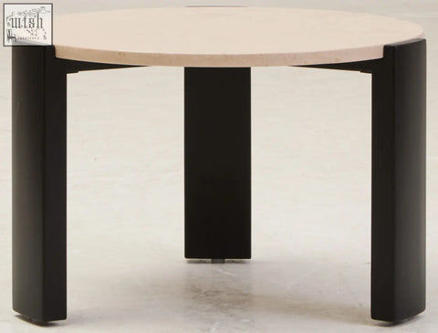 Minimalist palermo round cream marble top small coffee table with light beige stone and sleek black metal legs