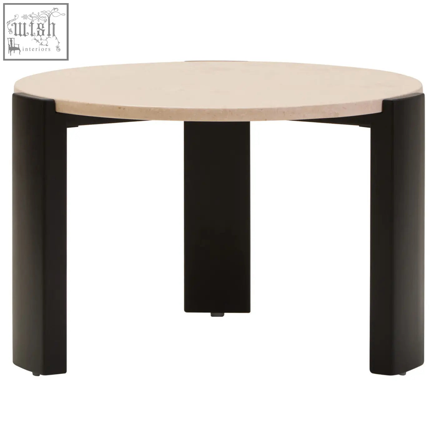 Modern round cream marble top small coffee table with light beige stone top and black metal legs