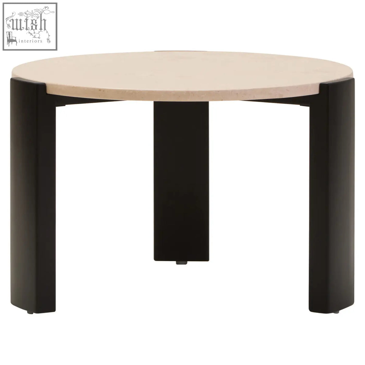 Modern round cream marble top small coffee table with light beige stone top and black metal legs