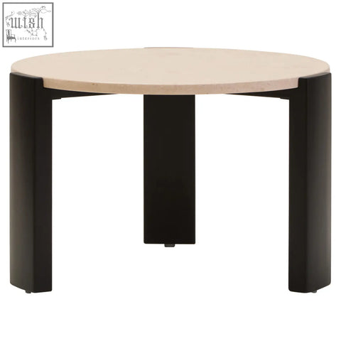 Modern round cream marble top small coffee table with light beige stone top and black metal legs
