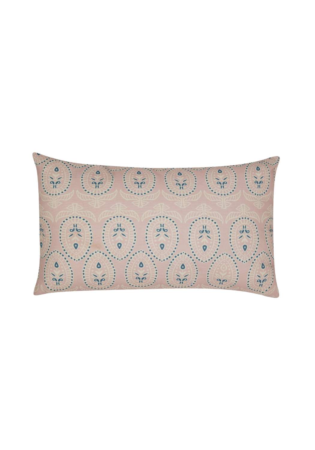 Rectangular pink palm beach cushion cover with teal and white repeating paisley pattern for stylish decor