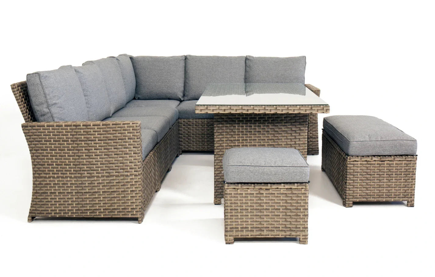 Palma grey rattan garden lounge set with gray cushioned corner sofa and matching ottomans for outdoor use