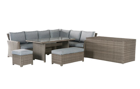Palma grey rattan garden lounge set with gray wicker corner sofa ottomans and glass-top table perfect for outdoor use