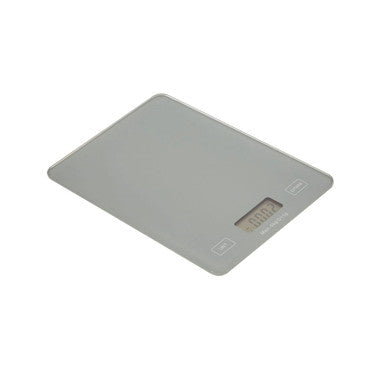 Palmas cool grey digital kitchen scale with sleek gray glass surface and subtle silver buttons for precise weighing