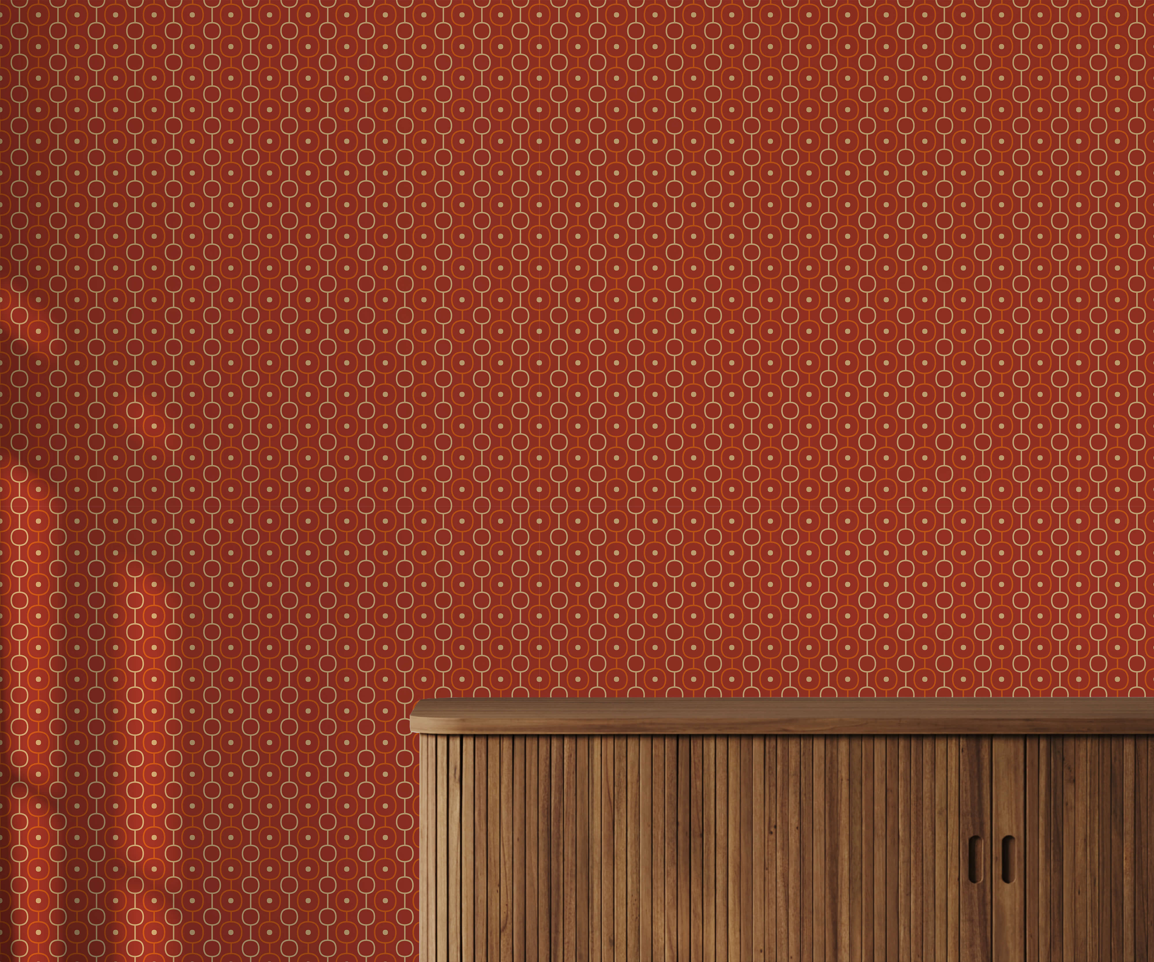 Palna red wallpaper with a repeating geometric pattern of interconnected ovals and off-white dots