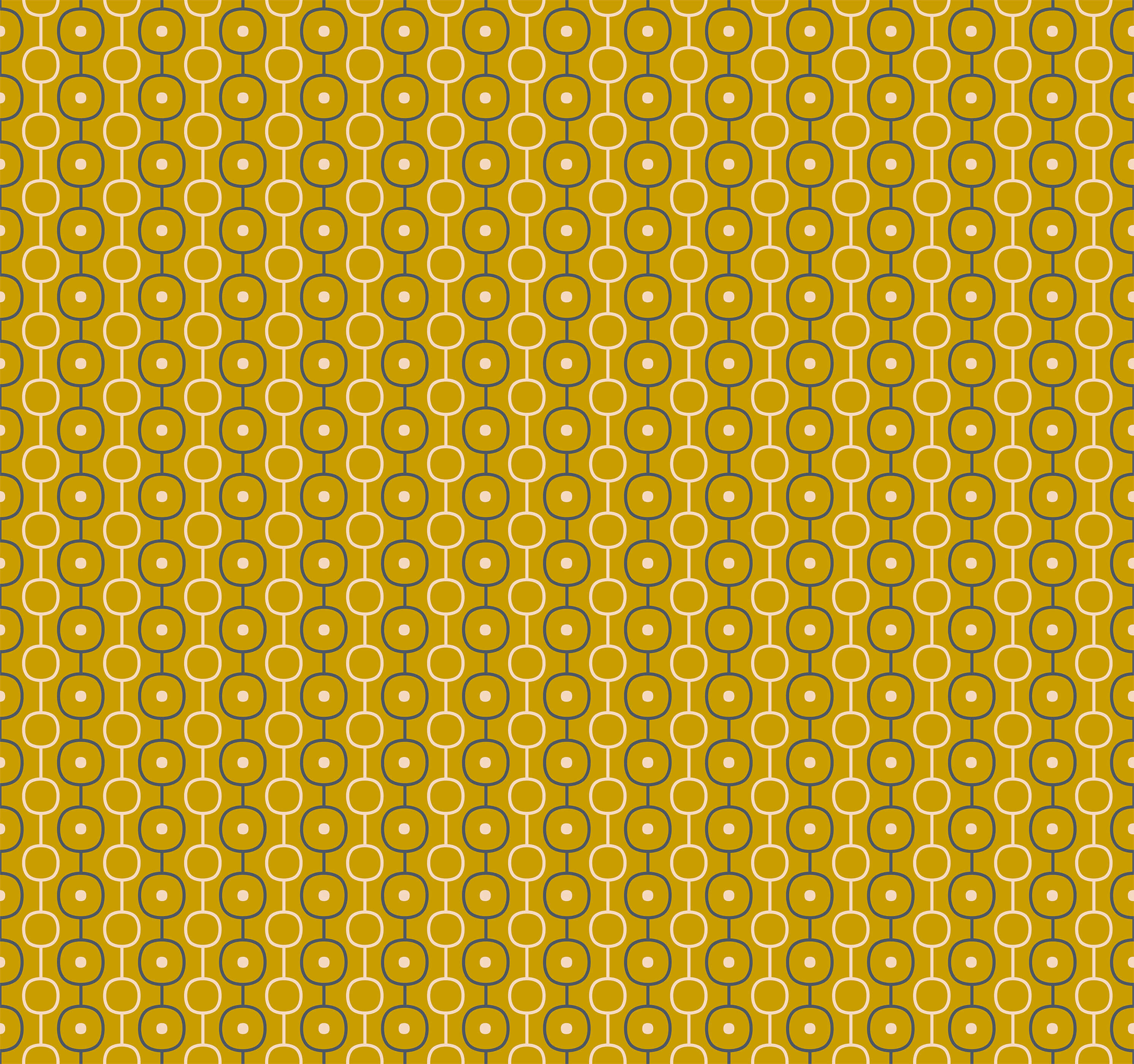 Yellow palna fabric with dark green and white interconnected circle pattern on a bright yellow background