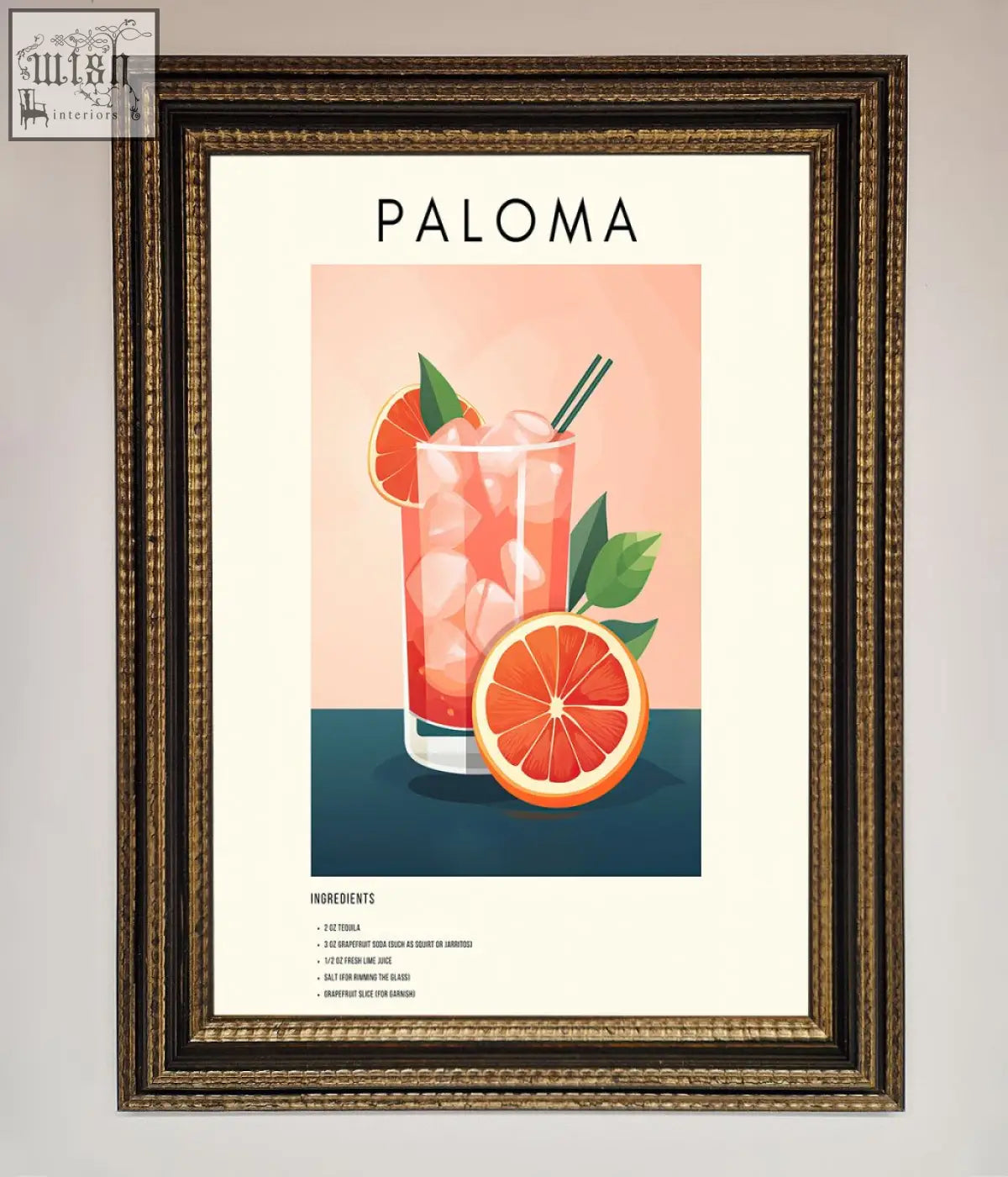 A paloma cocktail framed poster featuring a vibrant illustration of a cocktail with ice and grapefruit slices