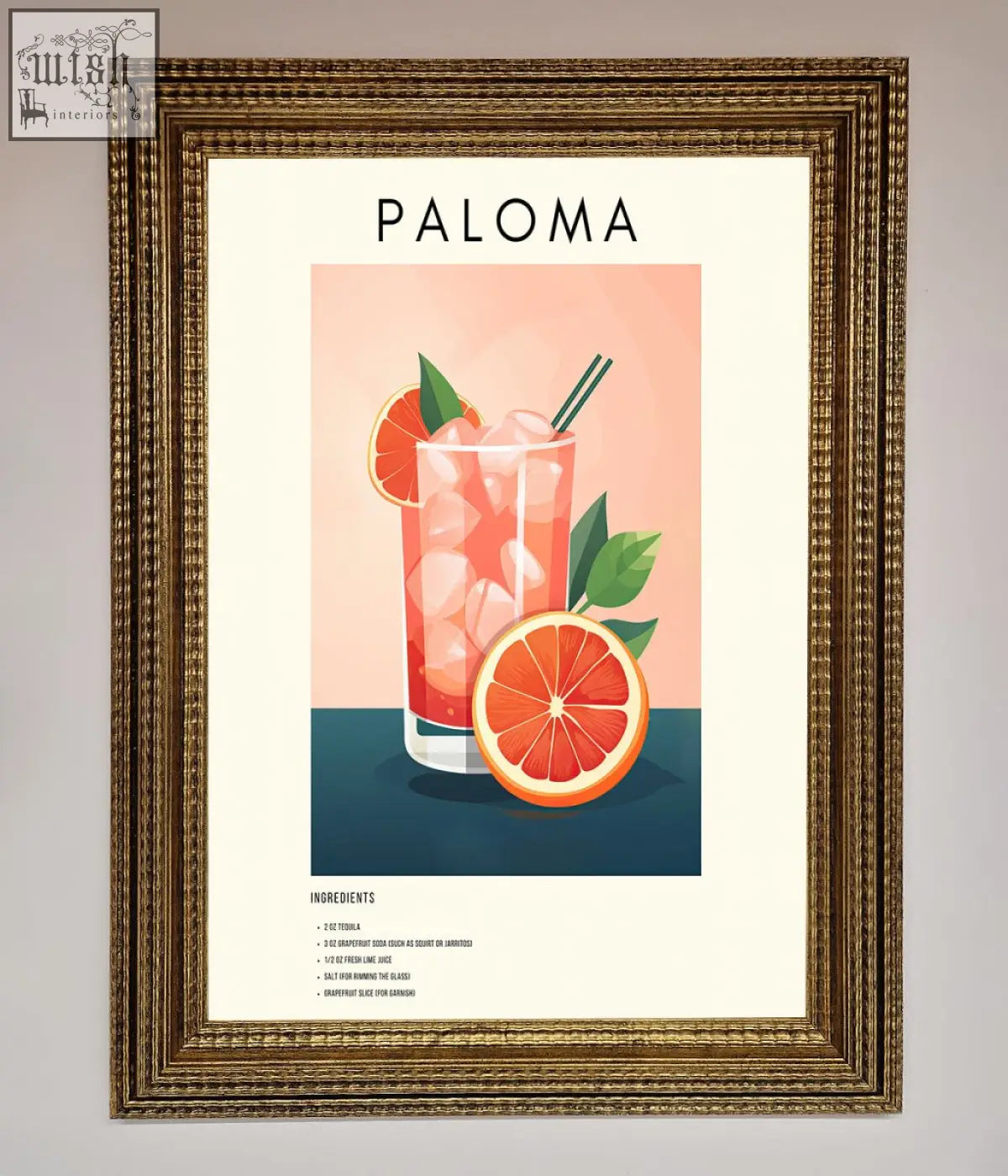 A paloma cocktail framed poster featuring a vibrant pink grapefruit cocktail with ice and green leaves in a clear glass