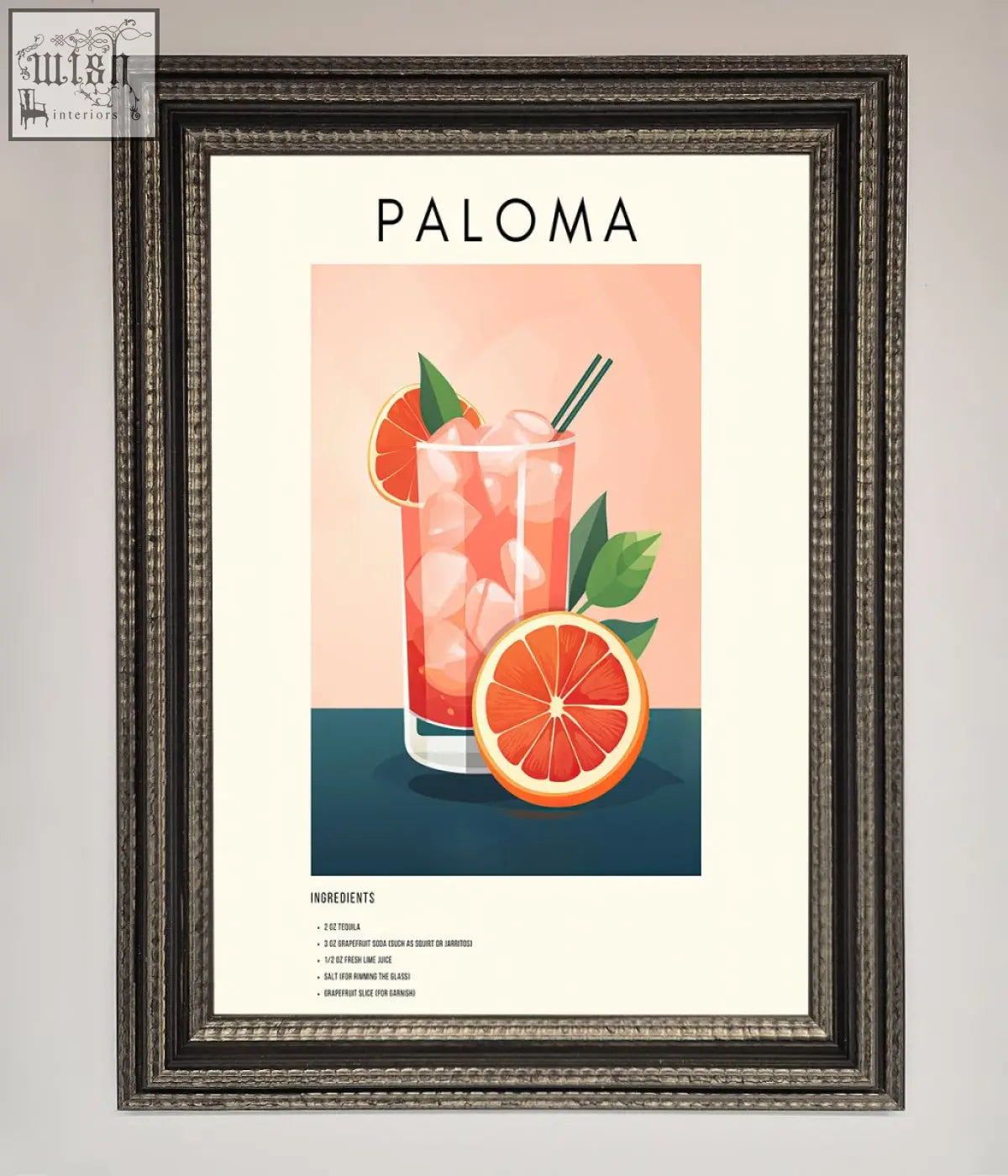 A paloma cocktail framed poster featuring a clear glass with ice orange slices and green leaves illustration