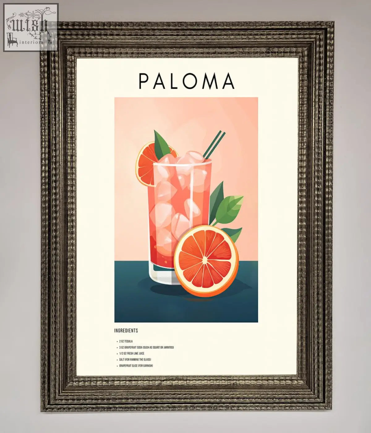 A paloma cocktail framed poster featuring a vibrant pink grapefruit cocktail with ice and orange slices in a tall glass