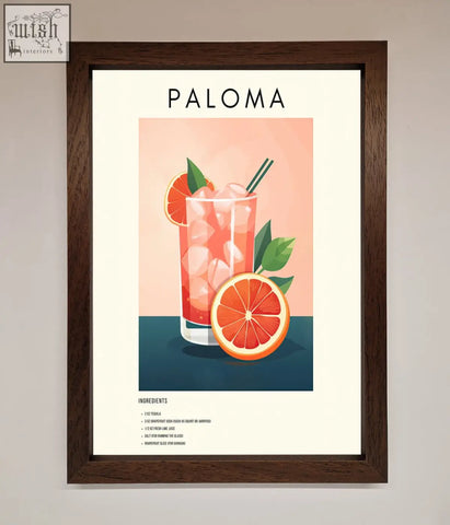 A paloma cocktail framed poster featuring a vibrant illustration of a paloma cocktail with orange slices and green leaves