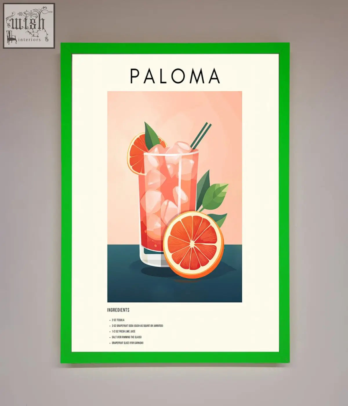 A vibrant green-framed paloma cocktail framed poster featuring a pink grapefruit cocktail with ice and orange slices