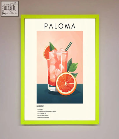 Lime-green framed paloma cocktail framed poster with vibrant pink grapefruit cocktail illustration and citrus garnish