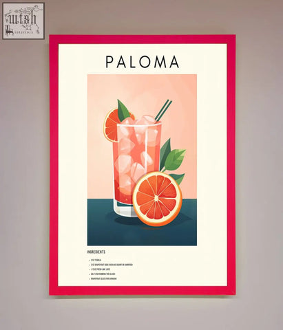A vibrant red-framed paloma cocktail framed poster with an illustrated pink grapefruit cocktail in a clear glass with ice