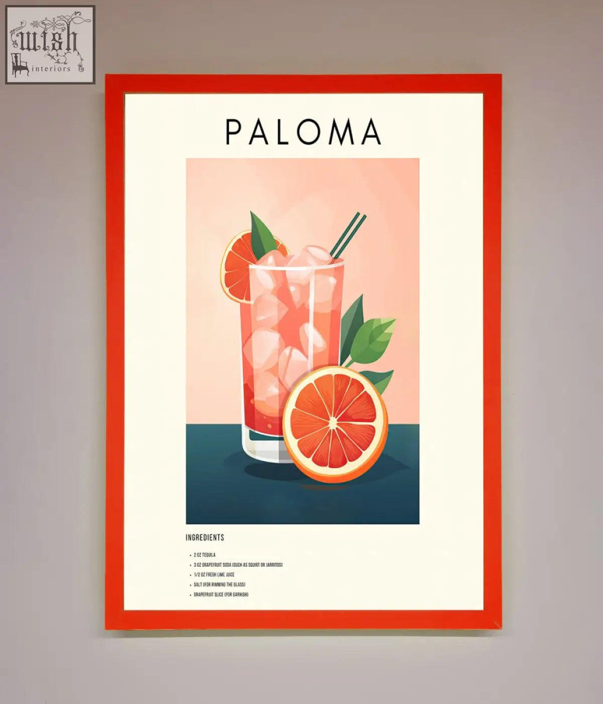 A vibrant red-framed paloma cocktail framed poster featuring a pink grapefruit cocktail with ice and citrus slices