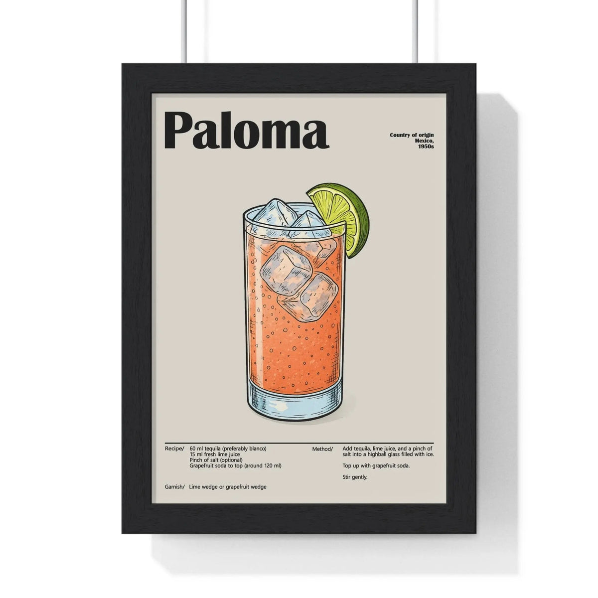 Black-framed paloma cocktail poster with illustrated tall glass, ice, and lime wedge for fresh tequila drink wall art