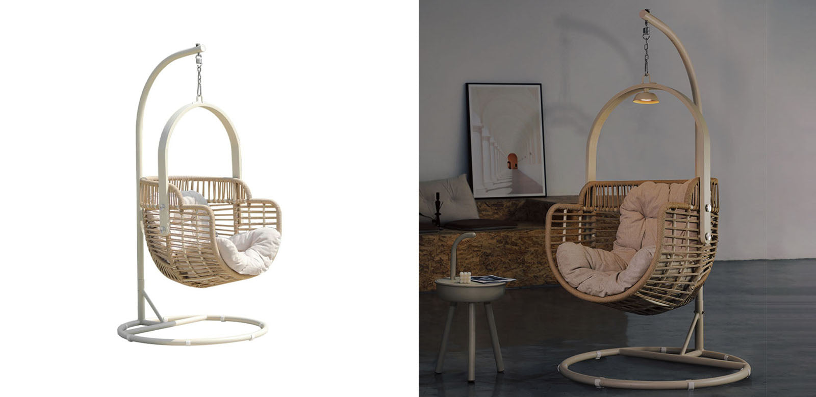 Beige paloma rattan garden hanging egg chair with cushioned seat and metal stand for indoor and outdoor use