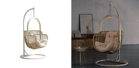 Beige paloma rattan garden hanging egg chair with cushioned seat and metal stand for indoor and outdoor use