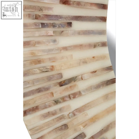 Beige and brown layered stone accent wall panel with curved modern design for palu natural shell round wall mirror