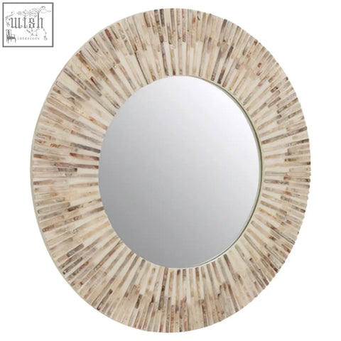 Palu natural shell round wall mirror with a rustic sunburst frame made of natural-toned wood slats circular round wall mirror