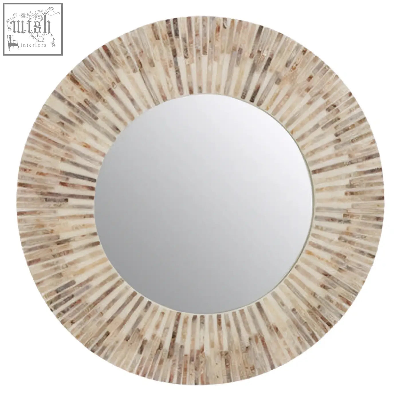 Palu natural shell round wall mirror with a sunburst frame of light beige and cream round wall mirror design