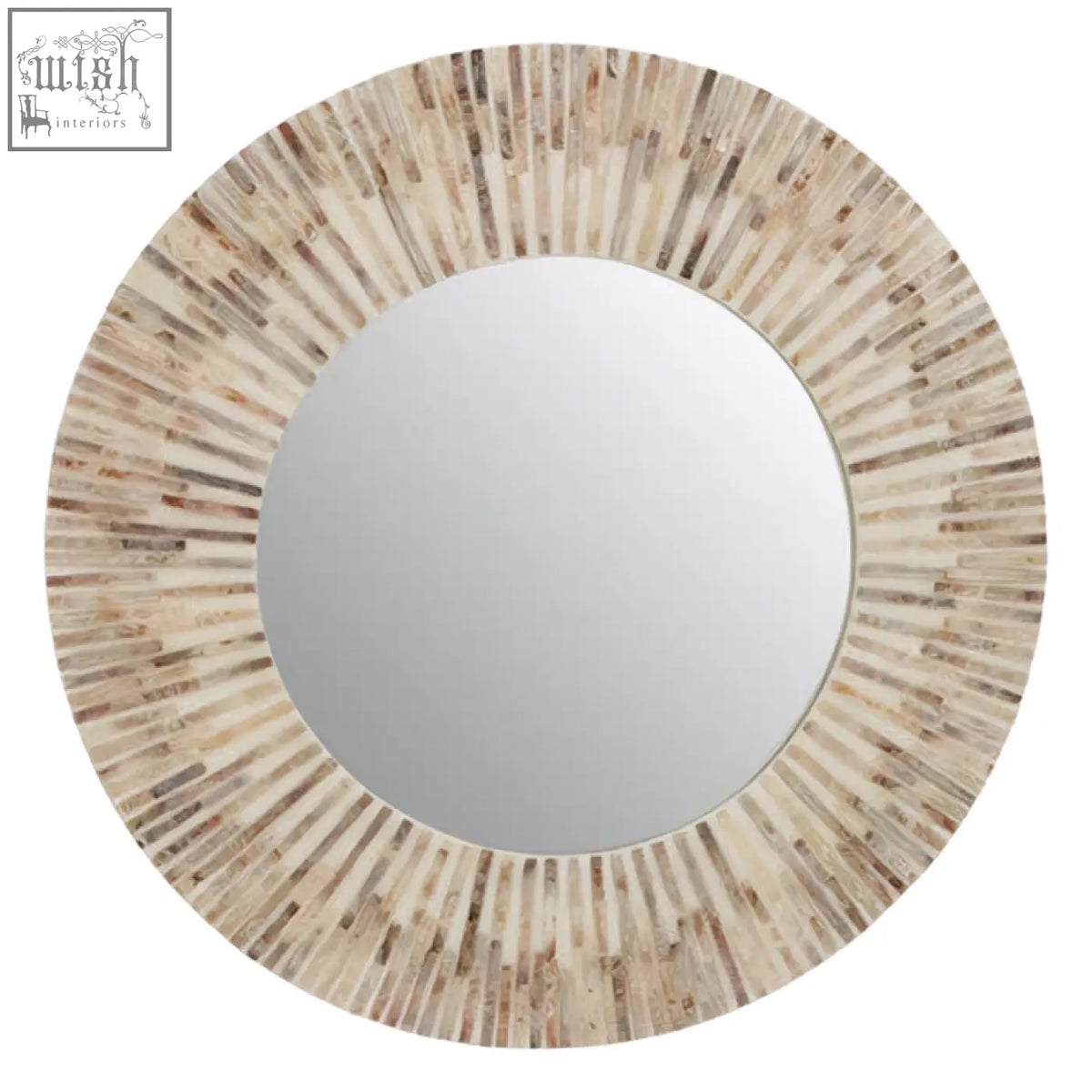 Palu natural shell round wall mirror with a sunburst frame of light beige and cream round wall mirror design