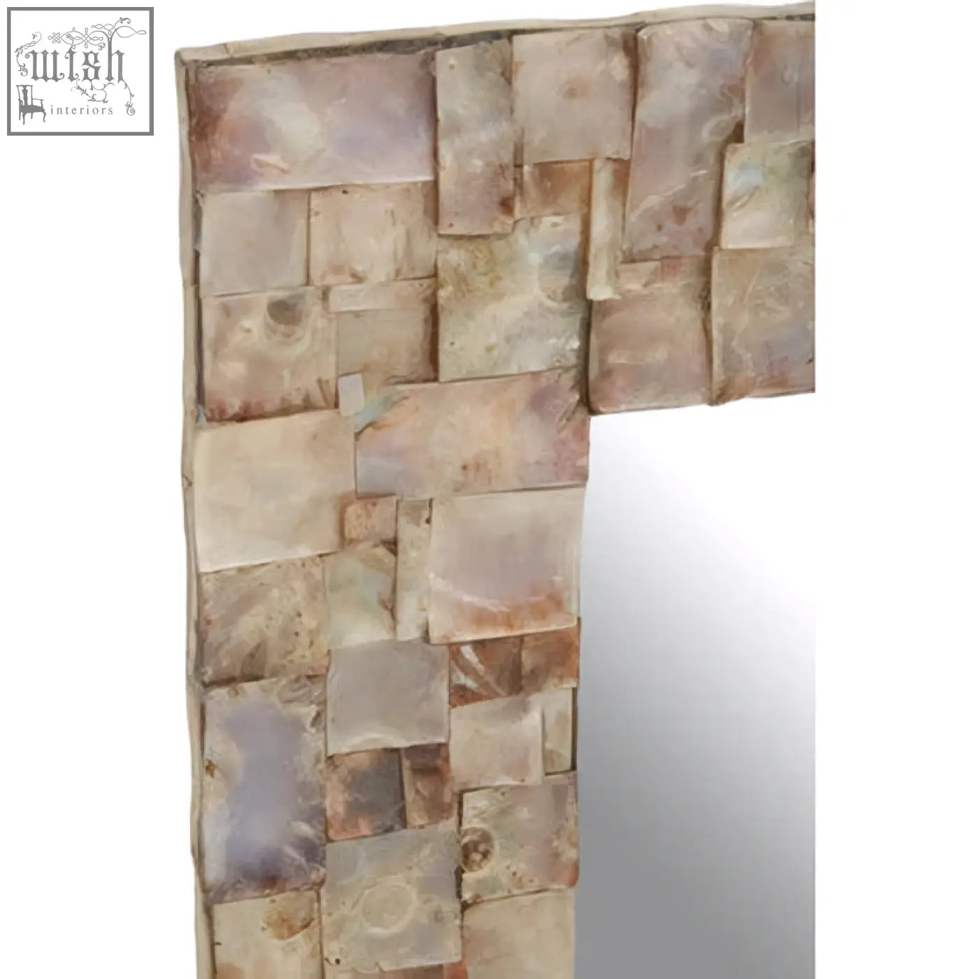 Palu natural shell wall mirror with rectangular shape and earth-toned stone tile frame in beige and brown shades