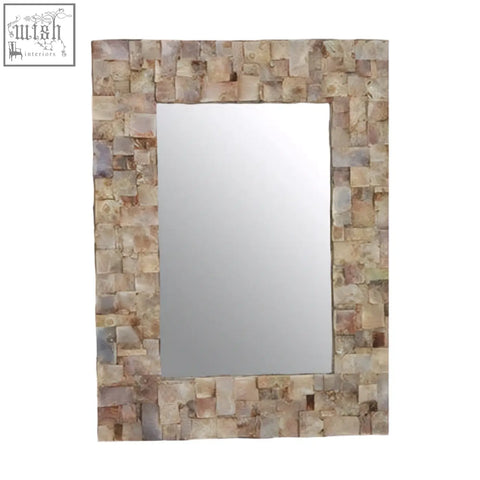 Rectangular palu wall mirror framed in natural shell mosaic with textured beige and cream tones perfect for natural shell wall decor