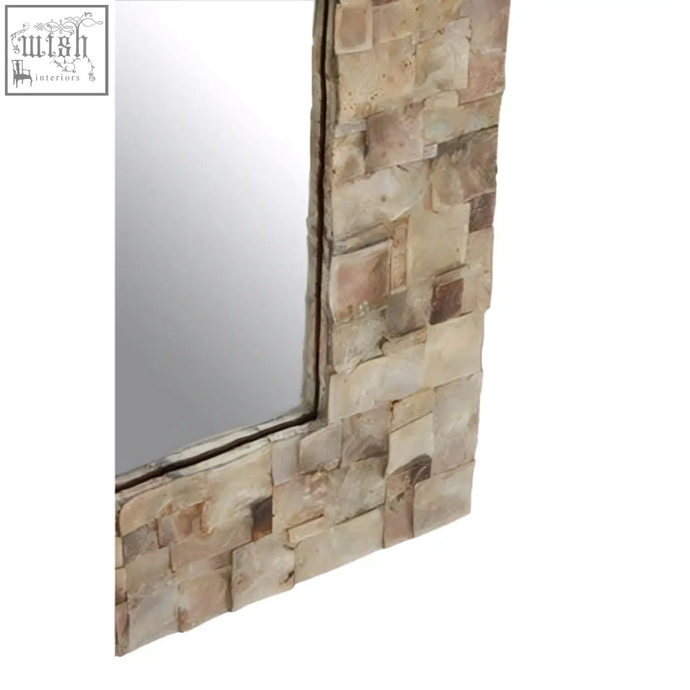 Palu natural shell wall mirror with rustic rectangular frame made of beige and brown earth-toned stone tiles