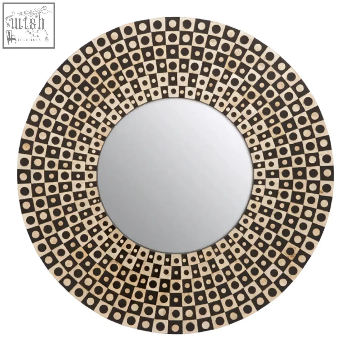 Palu round black wall mirror with an intricate shell inlay frame of alternating dark brown and cream squares with dots