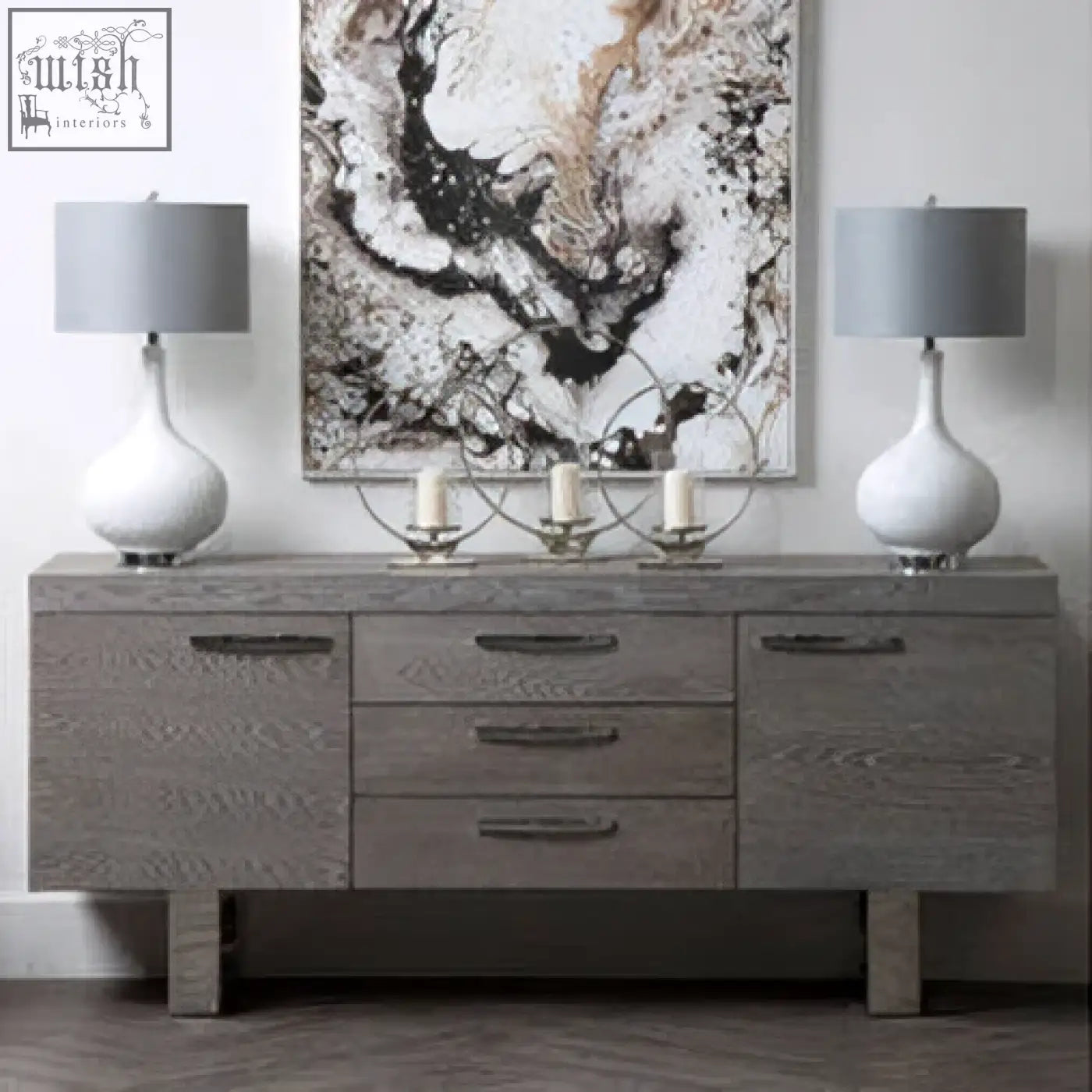 Gray wood-grain sideboard with sleek metal handles perfect for modern white table lamp setups and minimalist white table decor