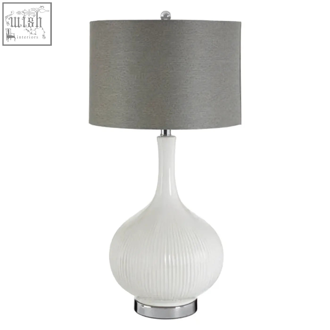 Pandora white table lamp with a ribbed ceramic base and sleek gray fabric shade perfect for cozy lighting